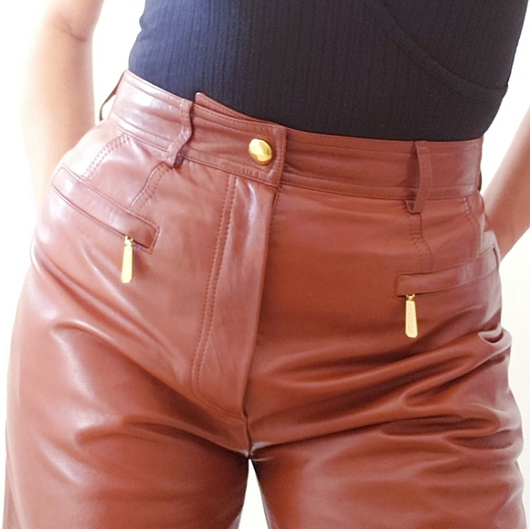 Escada Pants - Escada Leather High Waisted Pants in Brown Size 10